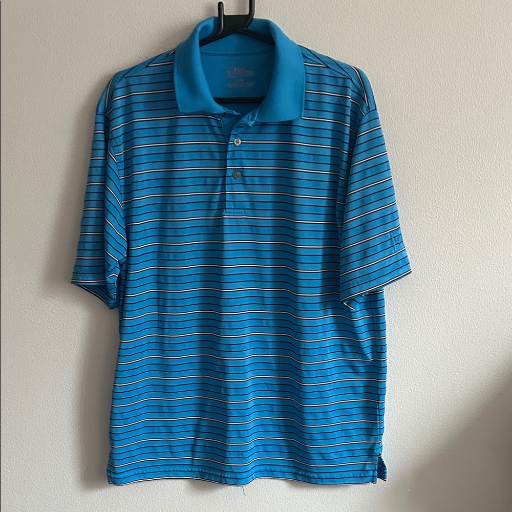 PGA Tour Men's Blue/Black/White Striped Shoet Sleeve Polo Golf Shirt:L